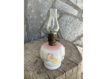 Antique Milk Glass Oil Lamp ~ Raised Flowers ~