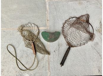 Antique Fishing Lot ~ 2 Nets & Bait Box ~