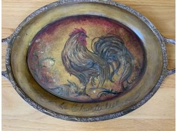 Interesting Hand Painted Rooster On Silver Plate Tray