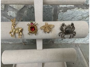 4 Animal Pins Spider, Crab, Bees, Deer