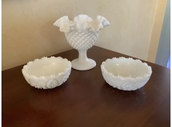 Hobnail Ruffled Milk Glass Pedestal Candy Dish & Pair Candle Holders