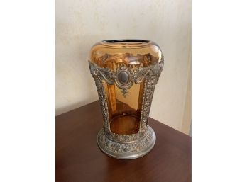 Antique Jennings Brothers Amber Vase Silverplated Spelter Holder