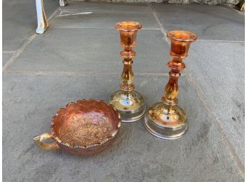 Marigold Carnival Glass ~ Candlesticks & Handled Bowl