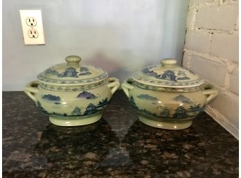 2 Blue Asian Style Covered Dishes