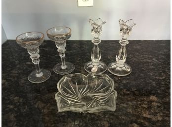 Crystal Lot  By Gorham  & More ~ 2 Candlesticks & Dish ~