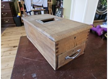 Auction Item #77 - Antique Wooden Cash Box With Bell & Receipt Paper Dove Tail Design