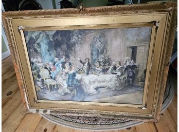 #25 - Antique Vincente De Paredes Color Lithograph Victorian Banquet W/ Gold Fra