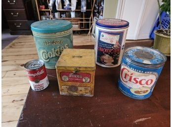 Auction Item #9 - Lot Of 4 Vintage Tin Food Cans Cracker Jack, Crisco, Cookies, Biscuits