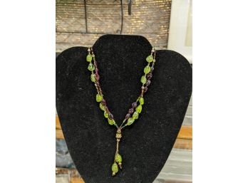 Semi Precious Garnet And Chalcedony Necklace, Signed