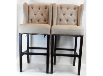 Pair Of Beige Color Upholstered Bar Stools With Backs