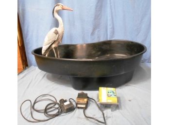 Kidney-Shaped Plastic Fish Pond W/Heron, Pumps, And Dimmer