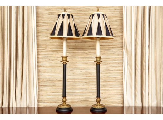 Two Matching Black And  Gold Candlestick Lamps