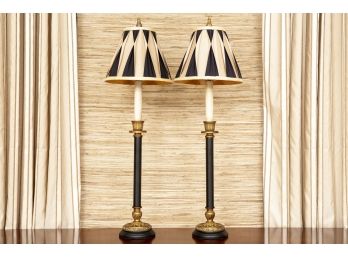 Two Matching Black And  Gold Candlestick Lamps