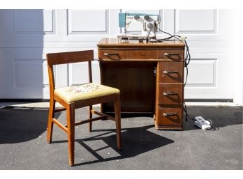 White Sewing Machine With Cabinet And Chair