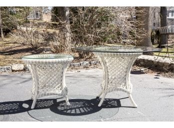 Pair Of Glass Top Wicker Tables