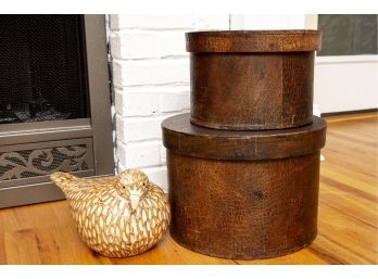 Round Wooden Lidded Boxes & Bird
