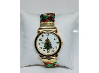 Christmas Tree Holiday Colors Goldtone Watch