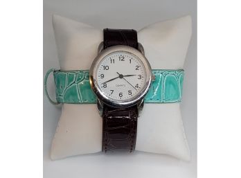 Silvertone Quartz Watch With Brown And Turquoise Changeable Bands