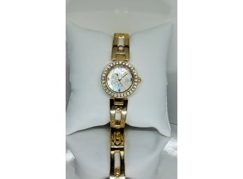 Beautiful Goldtone Waltham Bracelet Watch With Crystal Bezel And Crystal Dove Center