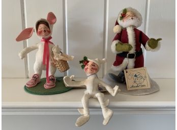 Trio Of Annalee Wool Dolls - Santa (1988), Easter Bunny & Christmas Elf