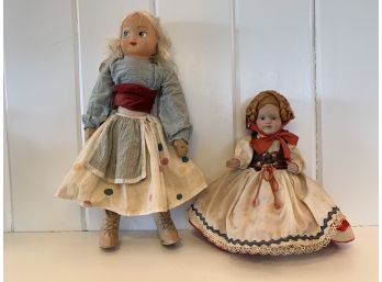 Two Antique Peasant Girl Dolls, From France And Denmark