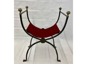 Antique 1920s Wrought Iron Gothic Folding Bench / Chair With Brass Ball Finial Accents    JovSaq/CVBK