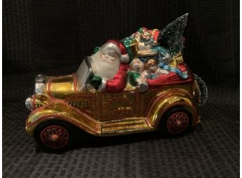 S92  Large Blown Glass Santa In Antique Auto Figure