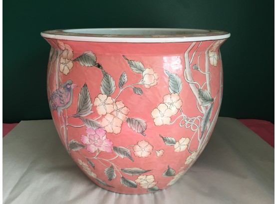 Large Cachepot With Exotic Birds And Floral Design