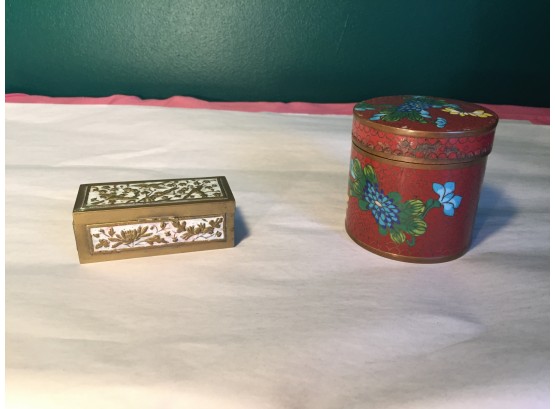 Circa 1900 Chinese Brass And Enamel Stamp Box And A Chinese Red Lacquer Round Box