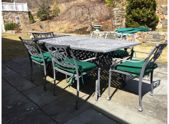 Cast Aluminum Outdoor Table With Six Arm Chairs, Umbrella And Stand