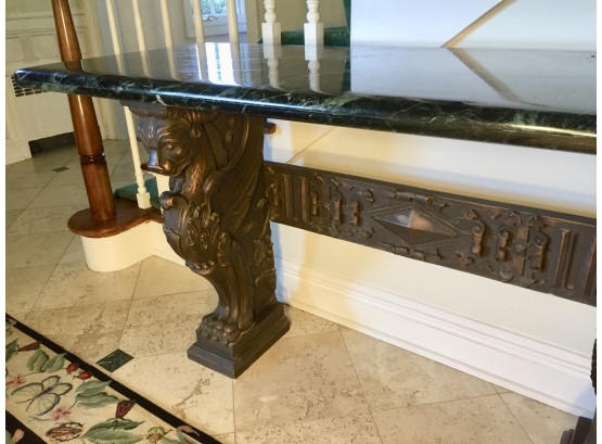 Double Gryphon Base And Thick Green Marble Top Console Table