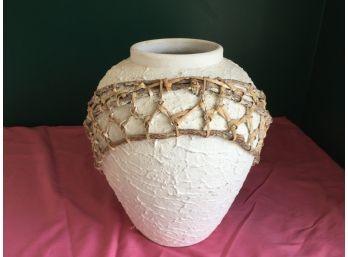 White Vase/Urn Decorated In Stucco And Bound Branches