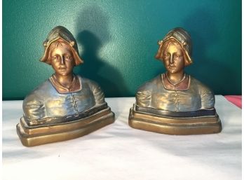 Pair Of American Copper Encased Plaster Bust Bookends Of Brittany Girls In Bonnets