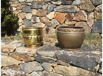 Pair Of Brass And Copper Tone Pots