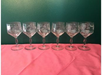 Set Of Six Antique Etched Wine Stems