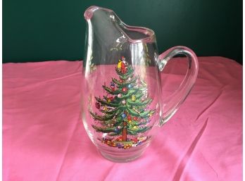 Christmas Themed Glass Pitcher And Wood Tone Covered Ice Bucket