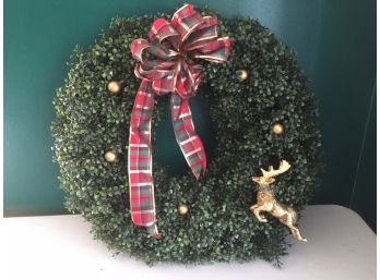 Large Faux Boxwood Leaf Wreath With Ribbon, Reindeer And Gold Bubbles