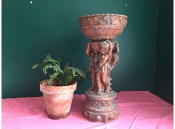 Triple Cherub Resin Plant Stand With Potted Christmas Cactus (see Description For Details)