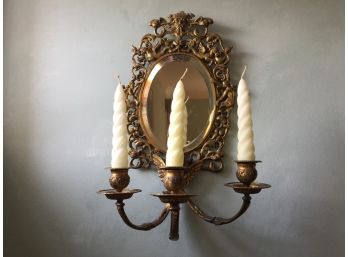 Antique Brass Three Candle Beveled Mirror Sconce