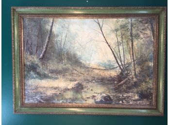 Oil On Canvas Of Forest And Meadow Scene By R. Hazel