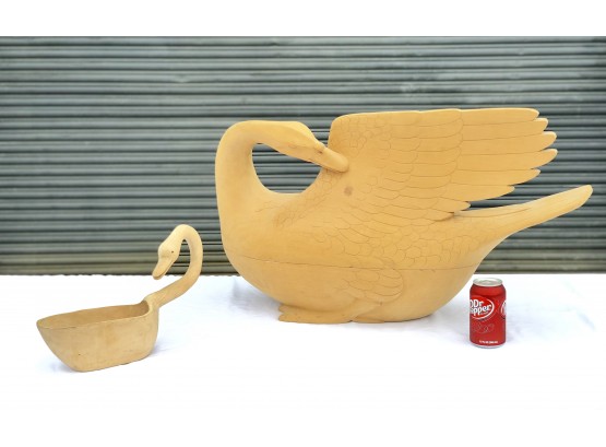 HUGE Carved Wooden Swan Serving Boat And Spoon