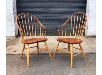 Pair Of Cherry And Ash Continuous Arm Chairs By Vermont Carpenter Richard Bissell - Retail $795 Each