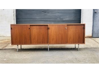 Mid Century Modern Florence Knoll Credenza - Walnut, Chrome Feet, And Leather Pulls