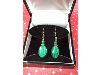 Beautiful Pair 14kt & Malachite Earrings - Nice Color W/Gift Box