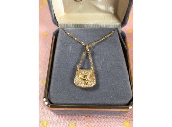 Beautiful 14kt Gold 'Diamond Purse Pendant' Necklace On 18' 14k Chain