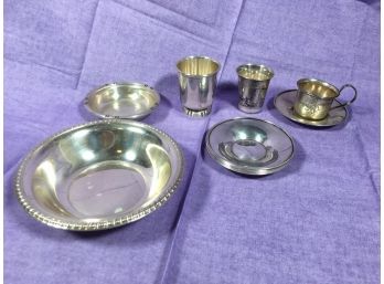Interesting Lot Of Assorted Sterling Silver Items, Small Plates, Cups, Other Pieces
