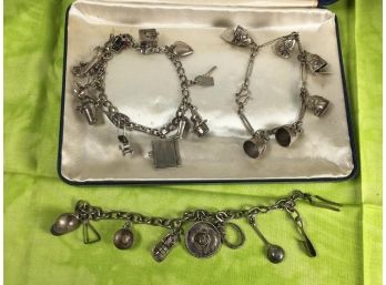Three Beautiful Vintage Sterling Silver Charm Bracelets - (w/Lots Of Charms)