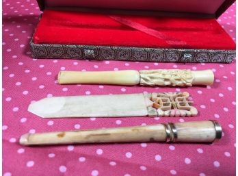 Beautiful Antique Carved Bone ? Cigarette Holder W/14 KT Gold W/Other Items