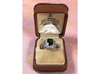 Lovely 'Emerald Green' Stone 14kt White Gold & Diamond Ring
