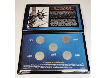 5 Years Of Liberty Nickels 1902-1906 5 Coin Set In Folder And History